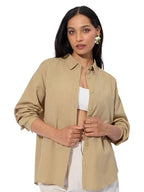 The Souled Store Cotton Linen Shirt: Almondine Women and Girls Long Sleeves Collared Neck Button Front Solid Cotton Linen Boyfri