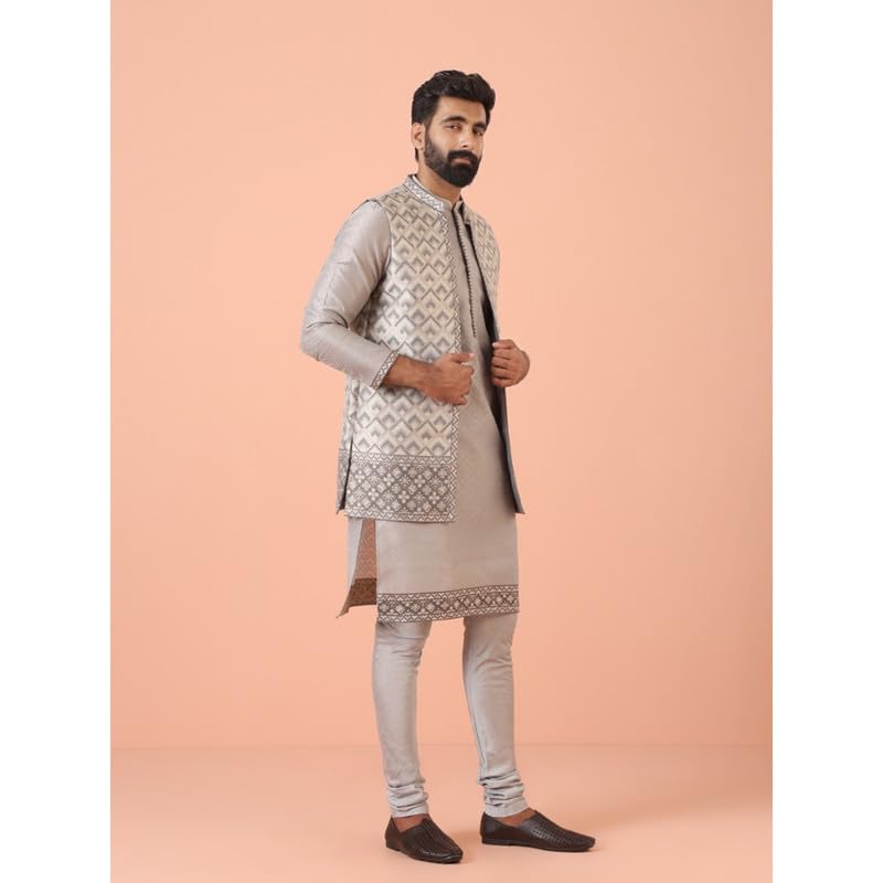 Kisah Mens Kurta Jacket Churidar Set|Silk Blend Fabric Self Design Pattern Mens Ethnic Wear|Regular Fit Mandarin Collar Long Sle