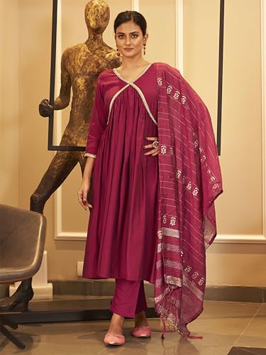 Womanista WomenS Silk Blend Stone Work Kurtaset 1182A_Magenta