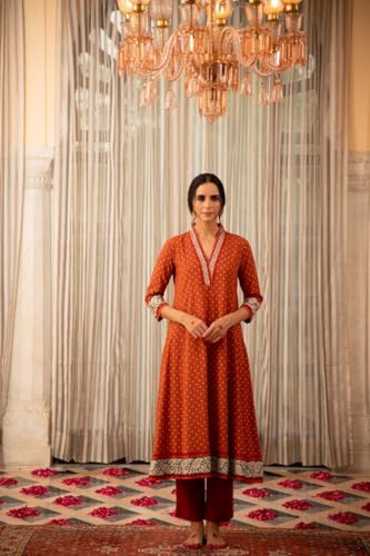 Modestouze Attires WomenS Printed Knee Length Rayon Flared Anarkali Kurti And Pant Set, Ethnic Wear For Women, Kurti And Pant S