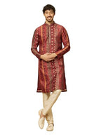 Manyavar Mens Rust Art Silk Printed Kurta Pyjama Set