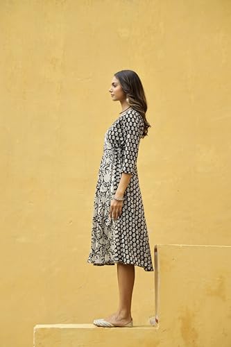 ANNI DESIGNER Womens Cotton Blend Anarkali Printed Kurta (Yogda Black_M_Black_Medium)