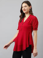 Toochki Womens Red Georgette Solid High Low Western Top | Winter Top | Western Top | Top for Women | Latest Women Top | Trendy