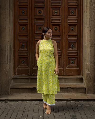 ANNI DESIGNER Womens Rayon Blend Straight Block Printed Kurta with Pant (Lemon-Lime-NW_L_Green_Large)