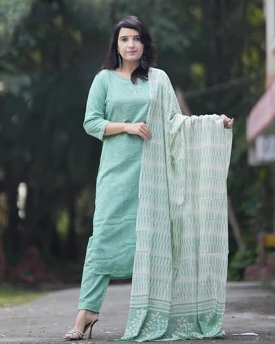ANNI DESIGNER Womens Cotton Blend Printed Straight Kurta with Pant & Dupatta (PRAGYA See Green_L_See Green_Large)