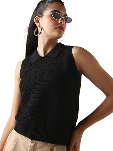 Bewakoof Womens Textured Regular Fit Sleeveless Collar 100% Cotton Short Top_645235_Black_M