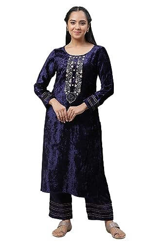 Aurelia Blue Velvet Embellished Kurta & Palazzo Set (Size: 2Xl)-24Aud10591-605863