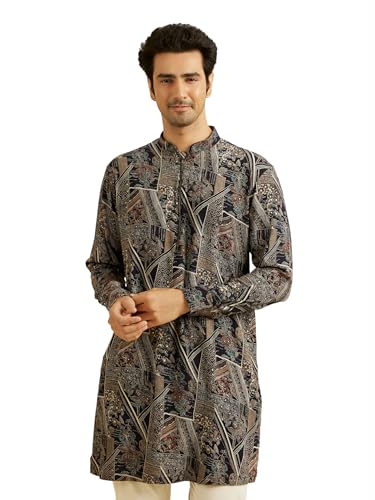 Manyavar MenS Spandex Abstract Digital Print Long Kurta (Dark Blue,Xl)