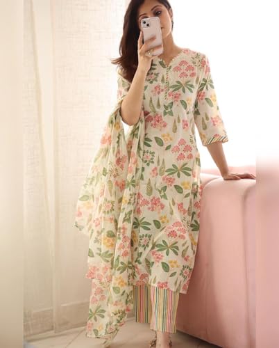 ANNI DESIGNER Womens Cotton Blend Printed Straight Kurta with Pant & Dupatta (Kumud Cream_3XL_Cream_XXX-Large)