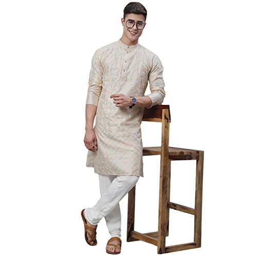 Sojanya (Since 1958 MenS Silk Blend Cream Kurta With Multi Color Embroidery