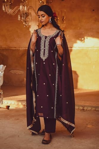 ANNI DESIGNER Womens Cotton Blend Embroidered Straight Kurta with Pant & Dupatta (Ultra101 Wine_L_Wine_Large)