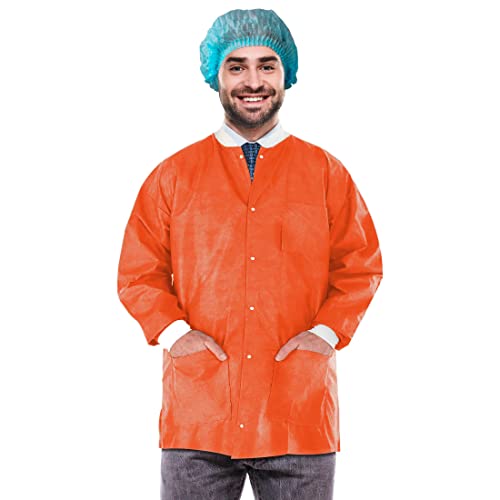 EZgOODZ Disposable Lab Jackets 31 Long Pack of 100 coffee Hip-Length Work gowns Large SMS 50 gsm Shirts with Snaps Front Knit cu