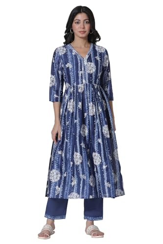 W For Woman Deep Blue Gathered Tie-Dye Floral Printed Kurta_24Fews10819-123076_3Xl