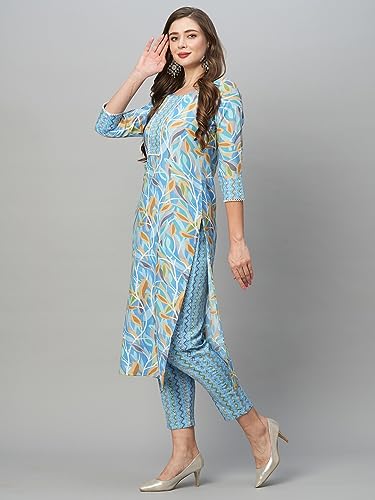 ANNI DESIGNER Womens Cotton Blend Straight Printed Kurta with Pant Set (Pahal Blue_XL_Blue_X-Large)