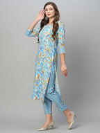 ANNI DESIGNER Womens Cotton Blend Straight Printed Kurta with Pant Set (Pahal Blue_XL_Blue_X-Large)