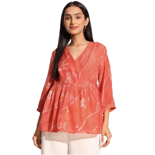 Fabindia Women'S Rayon Blend Printed Regular Short Kurti (1030455Orange_Orange