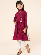 A.T.U.N. (All Things Uber Nice) Girls Printed Angrakha Pure Cotton Kurta With Leggings & Dupatta