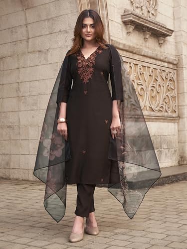 Womanista WomenS Silk Blend Solid Straight Embroidered Kurta Set (Kurtaset_1393_Brown