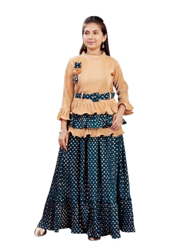 Aarika Girls Ethnic Wear Beige-Green Colour Foil Print Nylon Lehenga Choli Set With Belt (5-16 Years)