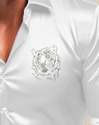 Indoprimo MenS Satin Stylish Club Wear Tiger Diamond Print Shirt Full Sleeve White
