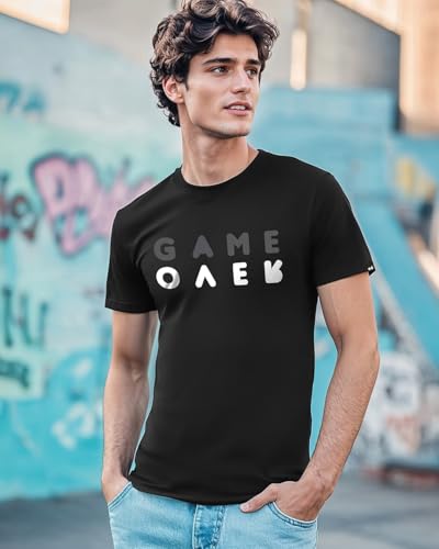 Bewakoof Mens Game Over Minimal Typography Black Hooded Half Sleeve T-Shirt