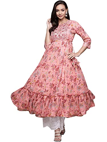 Ishin Women'S Cotton Anarkali Embroidered Sequins Floral Print Pink Kurti Inwka0230_Pn_L_Pink