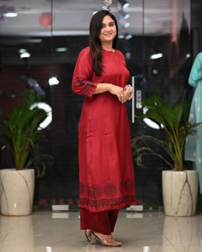 ANNI DESIGNER Womens Rayon Viscose Straight Printed Kurta with Pant (Ramkund Red-VKS01_XXL_Red_XX-Large)