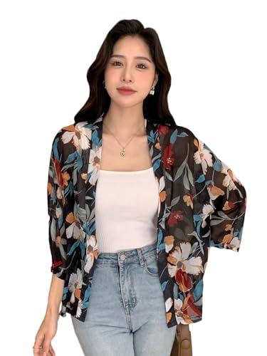 TOPLOT Womens Front Open Floral Printed Shrug Top Regular Fit (Shrug-5148-Black-XXL)
