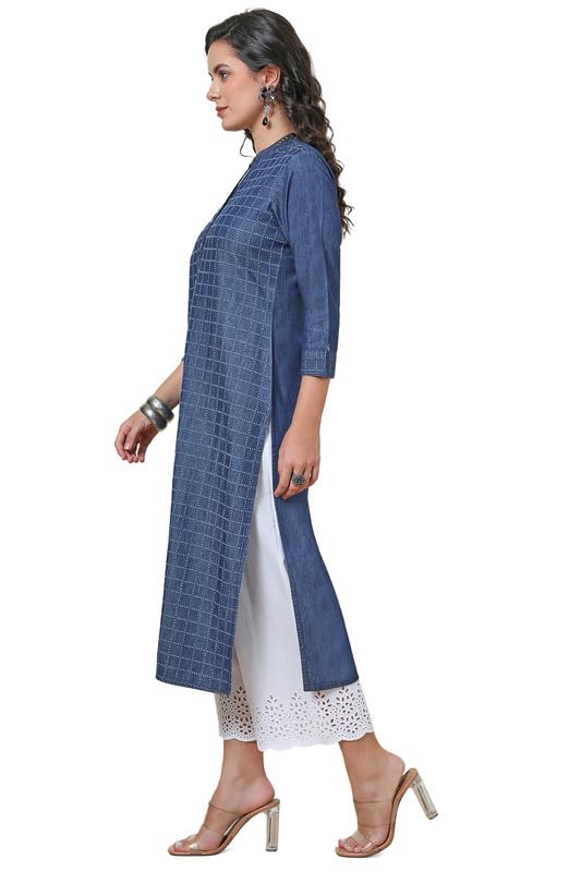 Soch Womens Indigo Checked Textured Cotton Blend Kurta