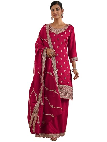 Libas Womens Embroidered Chinon Straight Kurta With Palazzos And Dupatta