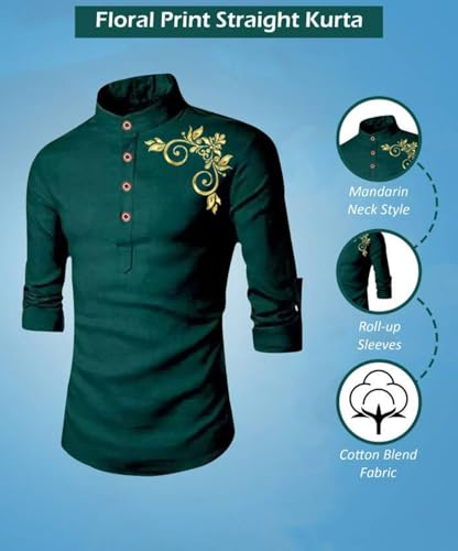 Deelmo MenS Cotton Blend Mandarin Collar Regular Fit Full Sleeve Short Kurta Shirt, X-Large, Dark Green