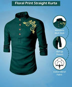 Deelmo MenS Cotton Blend Mandarin Collar Regular Fit Full Sleeve Short Kurta Shirt, X-Large, Dark Green