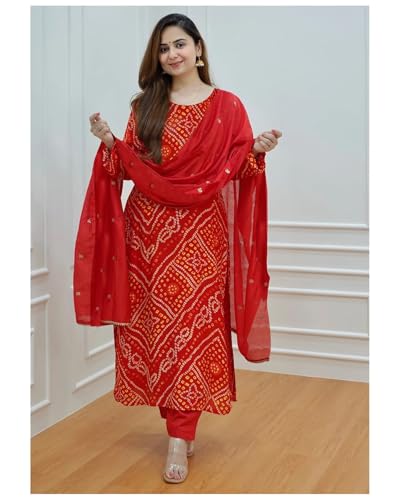 ANNI DESIGNER Womens Rayon Blend Straight Bandhani Printed Kurta with Pant & Dupatta (Nagwar Red_XXL_Red_XX-Large)