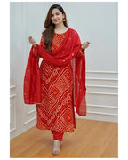 ANNI DESIGNER Womens Rayon Blend Straight Bandhani Printed Kurta with Pant & Dupatta (Nagwar Red_XXL_Red_XX-Large)