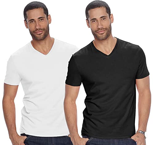 ADRO Men's V Neck Combo Plain Cotton T-Shirts_VCM2-PLN-BL-WH-XL Black, White