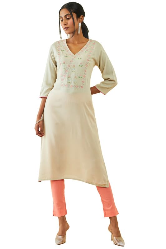 Soch Women Rayon Slub Floral Zari Embroidered V-Neck Straight Kurta