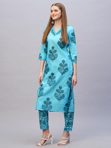 ANNI DESIGNER Womens Rayon Blend Straight Printed Kurta with Pant (Cheer Blue_XXL_Blue_XX-Large)