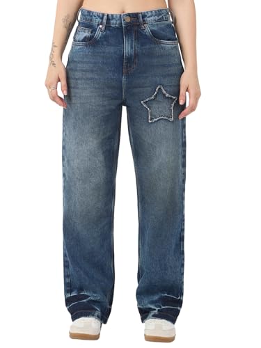 Bewakoof WomenS Applique Straight Fit Cotton Washed Jeans_671017_Blue_32