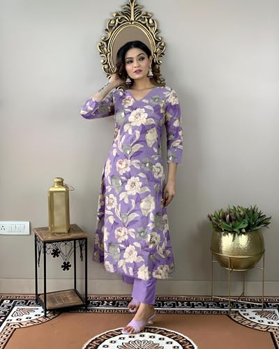 ANNI DESIGNER Womens Cotton Blend Straight Printed Kurta with Pant (DHUN Lavender_S_Lavender_Small)