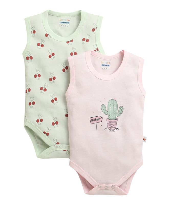 BUMZEE Baby Girls Cotton Sleeveless Graphic Print Bodysuit Pack of 2 Mint Green & Pink - New Born (Peb11212A-mgn)