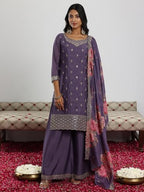Libas Womens Embroidered Silk Blend Straight Kurta With Palazzos And Dupatta