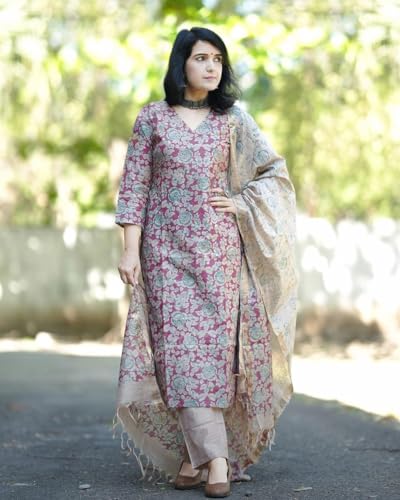 ANNI DESIGNER Womens Cotton Blend Printed Straight Kurta with Pant & Dupatta (Moringa Pink_M_Pink_Medium)