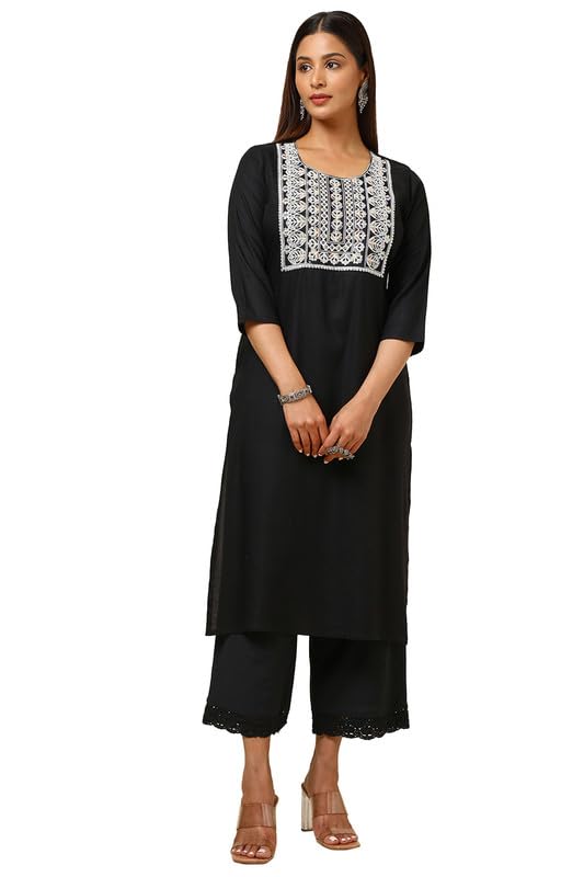 Soch Womens Black Rayon Embroidered Kurta With Sequins