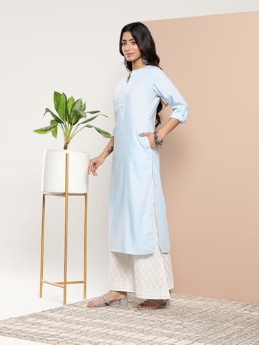 Libas Blue Solid Cotton Straight Kurta
