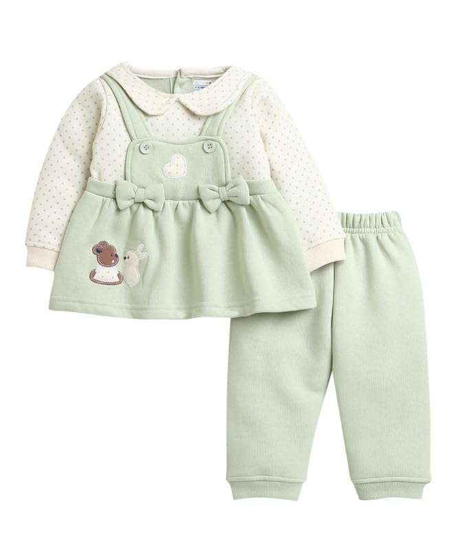 BUMZEE Green & Beige Girls Full Sleeves Fleece Winter Wear Set Age - 12-18 Months (Peb9653D-grn.bge)