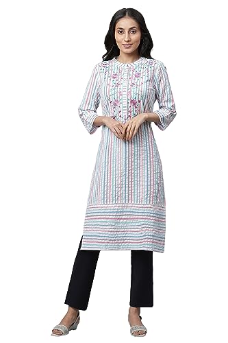 Multi-Coloured Stripe Printed Seer Sucker Embroidered Kurta (Size: L)-24FEA14476-704543
