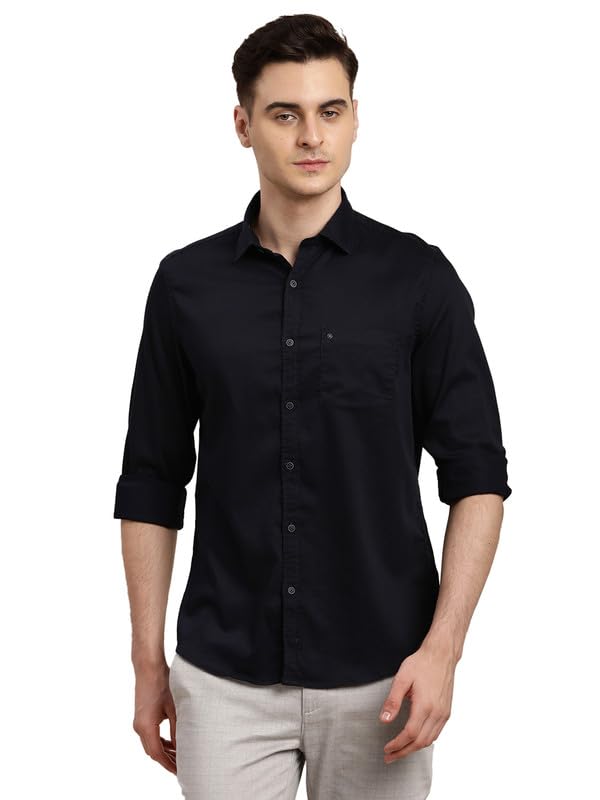 Turtle Men Cotton Stretch Navy Solid Slim Fit Casual Shirt