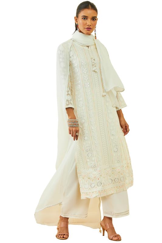 Soch Womens Off White Georgette All-Over Embroidered Palazzo Suit Set With Dupatta