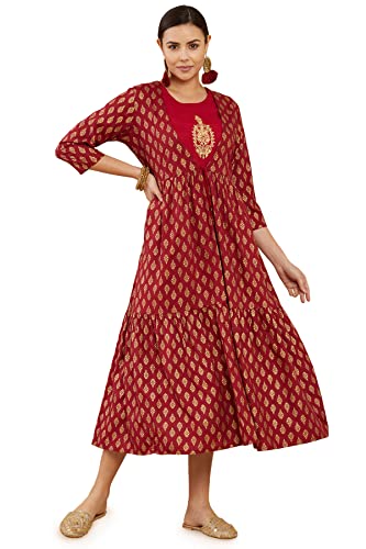 Soch Women Maroon Cotton Foil Print Kurtas