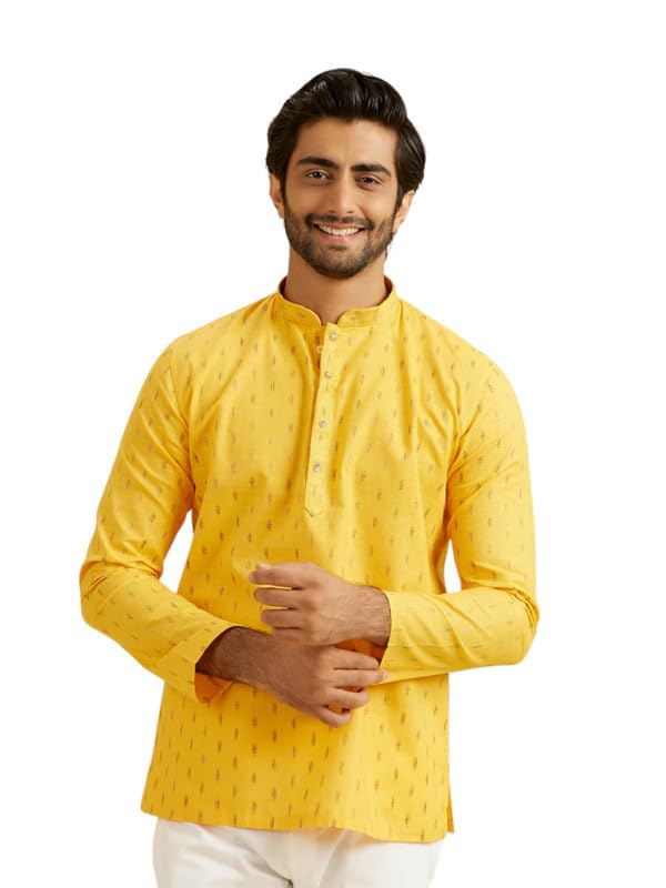 Manyavar MenS Cotton Jacquard| Thread Work Short Kurta (Mustard,M)